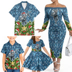 Personalised Sharks Rugby Christmas Family Matching Off The Shoulder Long Sleeve Dress and Hawaiian Shirt Santa Rugby Mascot - Pine Wreath Festive