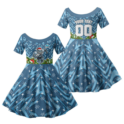 Personalised Sharks Rugby Christmas Family Matching Off The Shoulder Long Sleeve Dress and Hawaiian Shirt Santa Rugby Mascot - Pine Wreath Festive