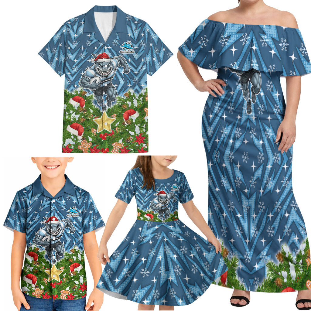 Personalised Sharks Rugby Christmas Family Matching Off Shoulder Maxi Dress and Hawaiian Shirt Santa Rugby Mascot - Pine Wreath Festive