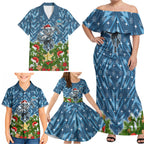 Personalised Sharks Rugby Christmas Family Matching Off Shoulder Maxi Dress and Hawaiian Shirt Santa Rugby Mascot - Pine Wreath Festive