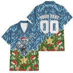 Personalised Sharks Rugby Christmas Family Matching Off Shoulder Maxi Dress and Hawaiian Shirt Santa Rugby Mascot - Pine Wreath Festive
