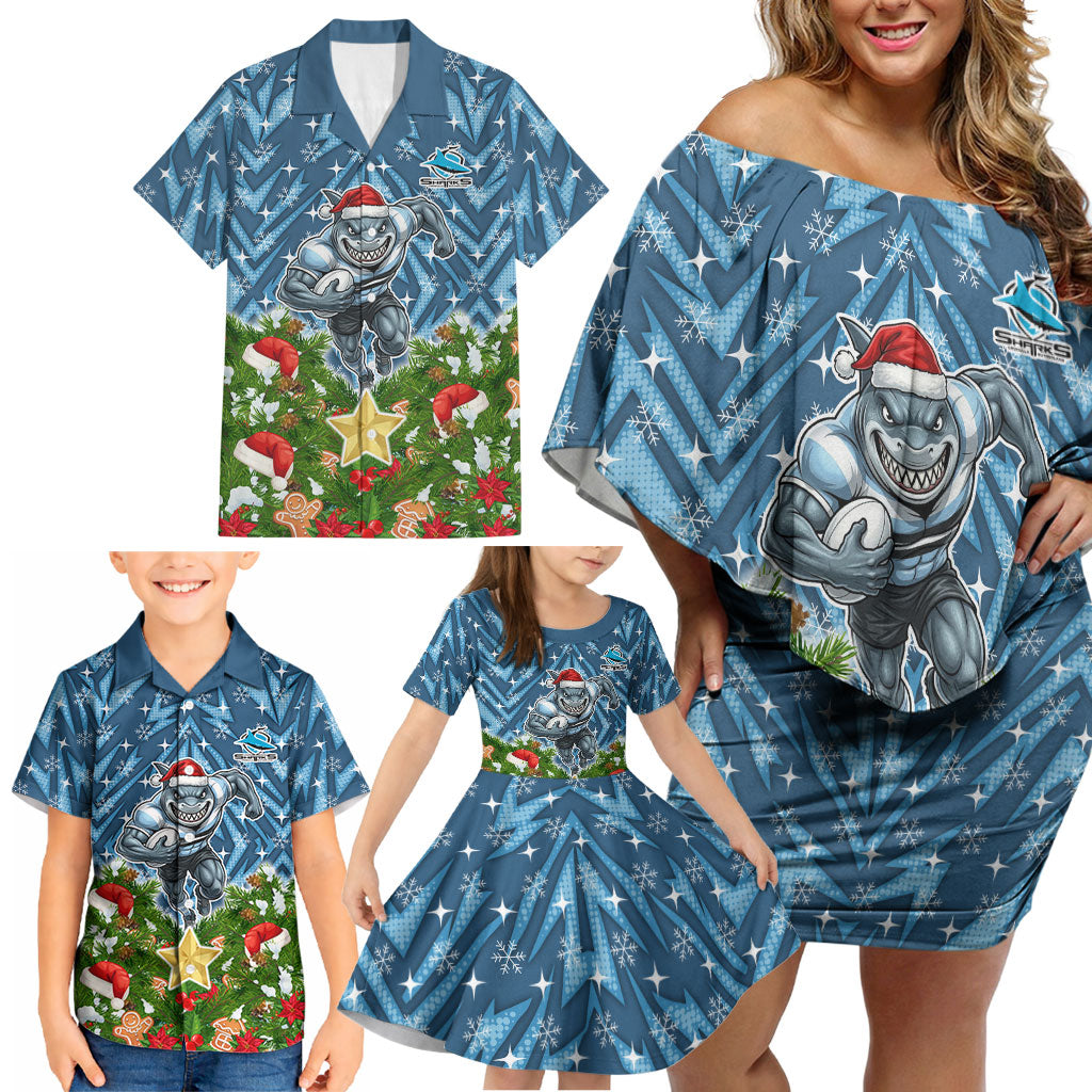 Personalised Sharks Rugby Christmas Family Matching Off Shoulder Short Dress and Hawaiian Shirt Santa Rugby Mascot - Pine Wreath Festive