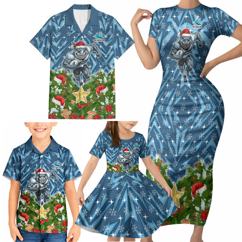 Personalised Sharks Rugby Christmas Family Matching Short Sleeve Bodycon Dress and Hawaiian Shirt Santa Rugby Mascot - Pine Wreath Festive