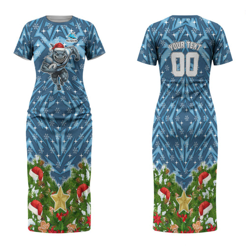 Personalised Sharks Rugby Christmas Family Matching Short Sleeve Bodycon Dress and Hawaiian Shirt Santa Rugby Mascot - Pine Wreath Festive