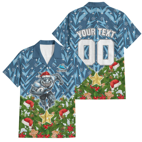 Personalised Sharks Rugby Christmas Family Matching Short Sleeve Bodycon Dress and Hawaiian Shirt Santa Rugby Mascot - Pine Wreath Festive
