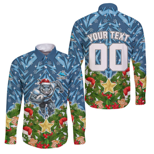 Personalised Sharks Rugby Christmas Family Matching Short Sleeve Bodycon Dress and Hawaiian Shirt Santa Rugby Mascot - Pine Wreath Festive