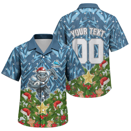Personalised Sharks Rugby Christmas Family Matching Short Sleeve Bodycon Dress and Hawaiian Shirt Santa Rugby Mascot - Pine Wreath Festive