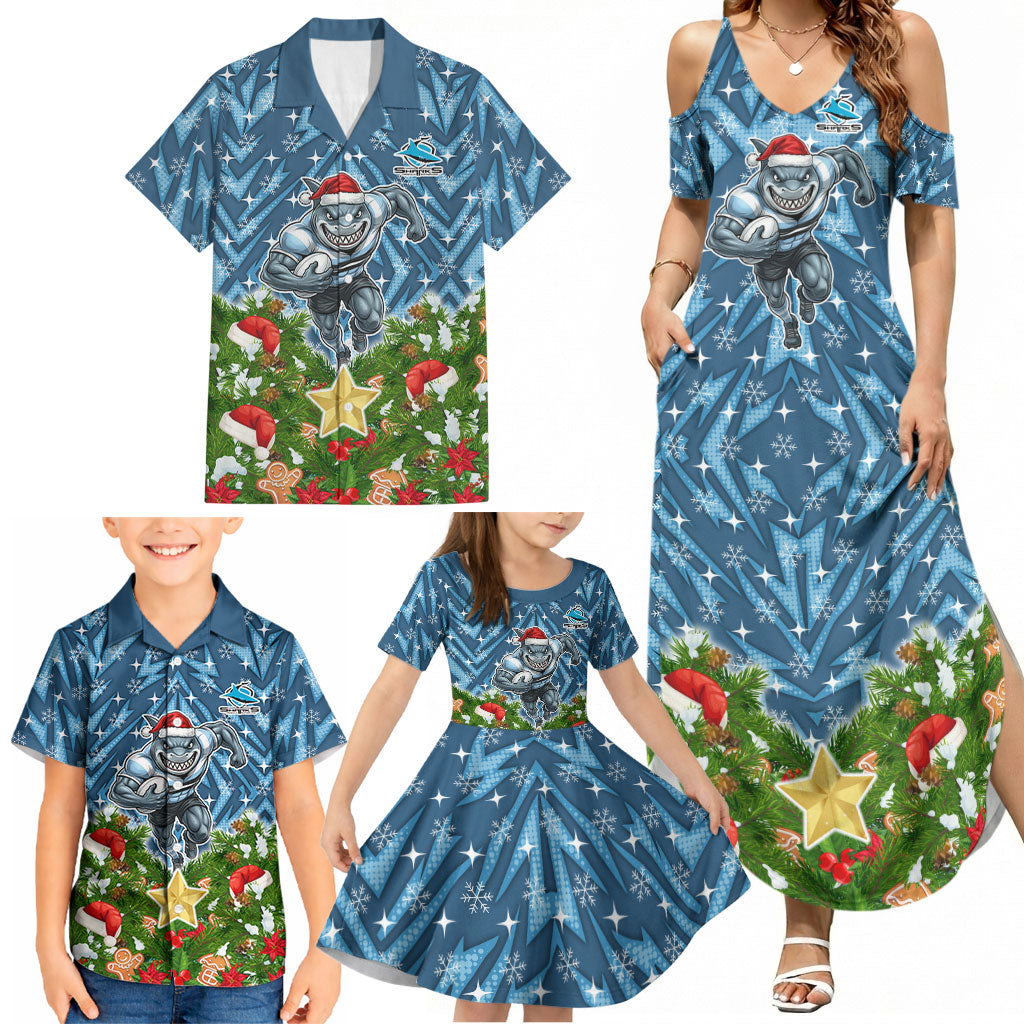 Personalised Sharks Rugby Christmas Family Matching Summer Maxi Dress and Hawaiian Shirt Santa Rugby Mascot - Pine Wreath Festive