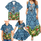 Personalised Sharks Rugby Christmas Family Matching Summer Maxi Dress and Hawaiian Shirt Santa Rugby Mascot - Pine Wreath Festive
