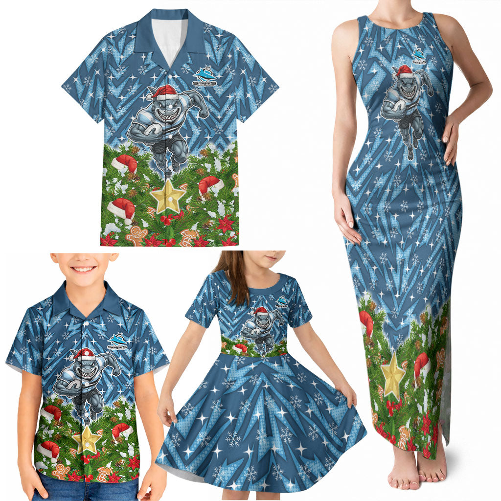 Personalised Sharks Rugby Christmas Family Matching Tank Maxi Dress and Hawaiian Shirt Santa Rugby Mascot - Pine Wreath Festive