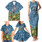 Personalised Sharks Rugby Christmas Family Matching Tank Maxi Dress and Hawaiian Shirt Santa Rugby Mascot - Pine Wreath Festive
