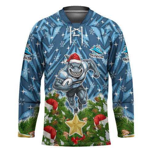 Personalised Sharks Rugby Christmas Hockey Jersey Santa Rugby Mascot - Pine Wreath Festive