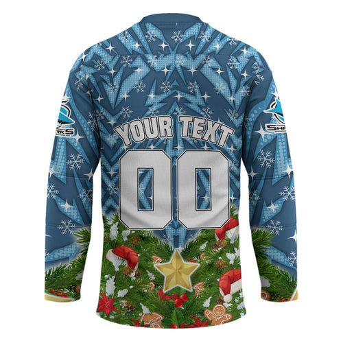 Personalised Sharks Rugby Christmas Hockey Jersey Santa Rugby Mascot - Pine Wreath Festive