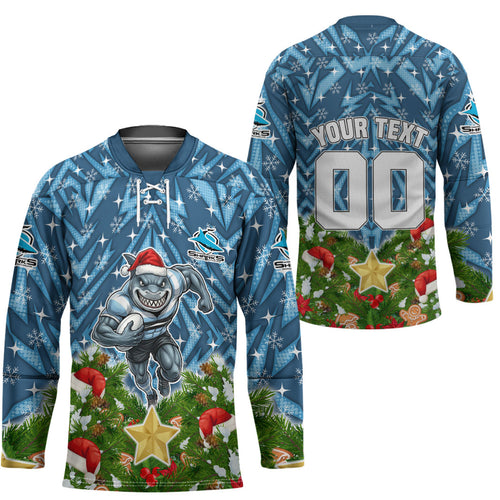 Personalised Sharks Rugby Christmas Hockey Jersey Santa Rugby Mascot - Pine Wreath Festive