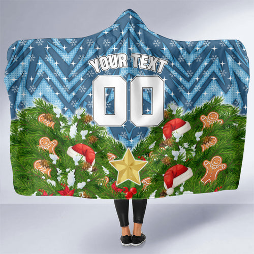 Personalised Sharks Rugby Christmas Hooded Blanket Santa Rugby Mascot - Pine Wreath Festive