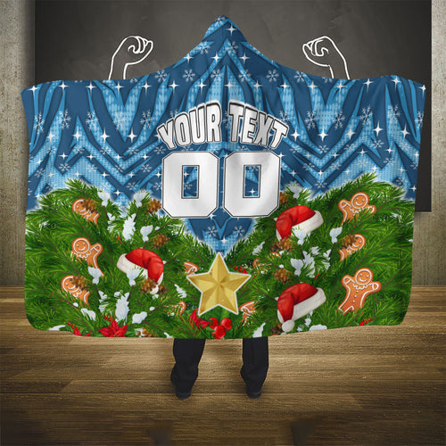 Personalised Sharks Rugby Christmas Hooded Blanket Santa Rugby Mascot - Pine Wreath Festive