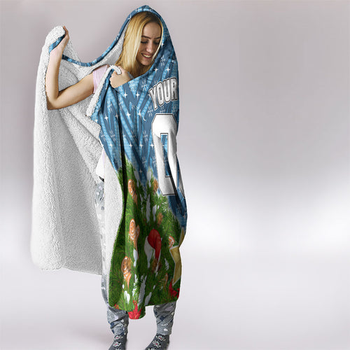 Personalised Sharks Rugby Christmas Hooded Blanket Santa Rugby Mascot - Pine Wreath Festive