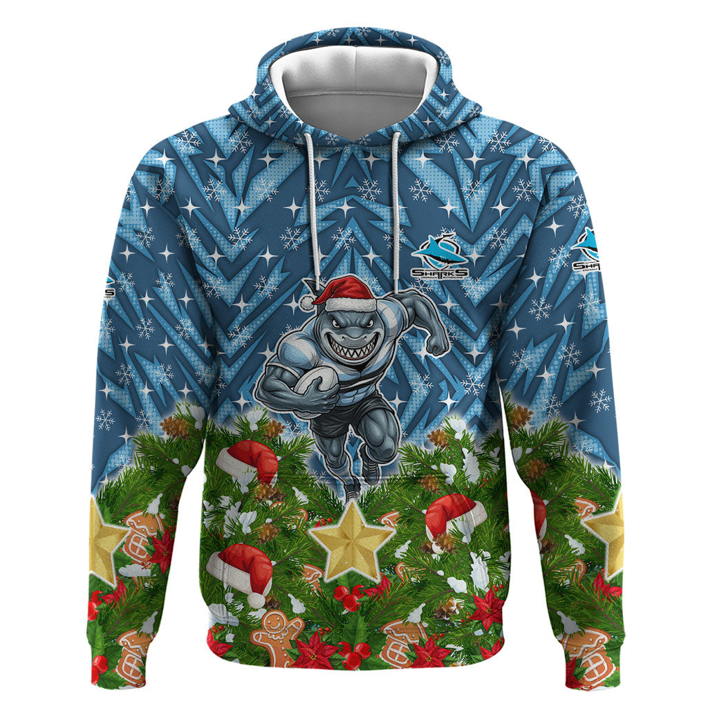 Personalised Sharks Rugby Christmas Hoodie Santa Rugby Mascot - Pine Wreath Festive