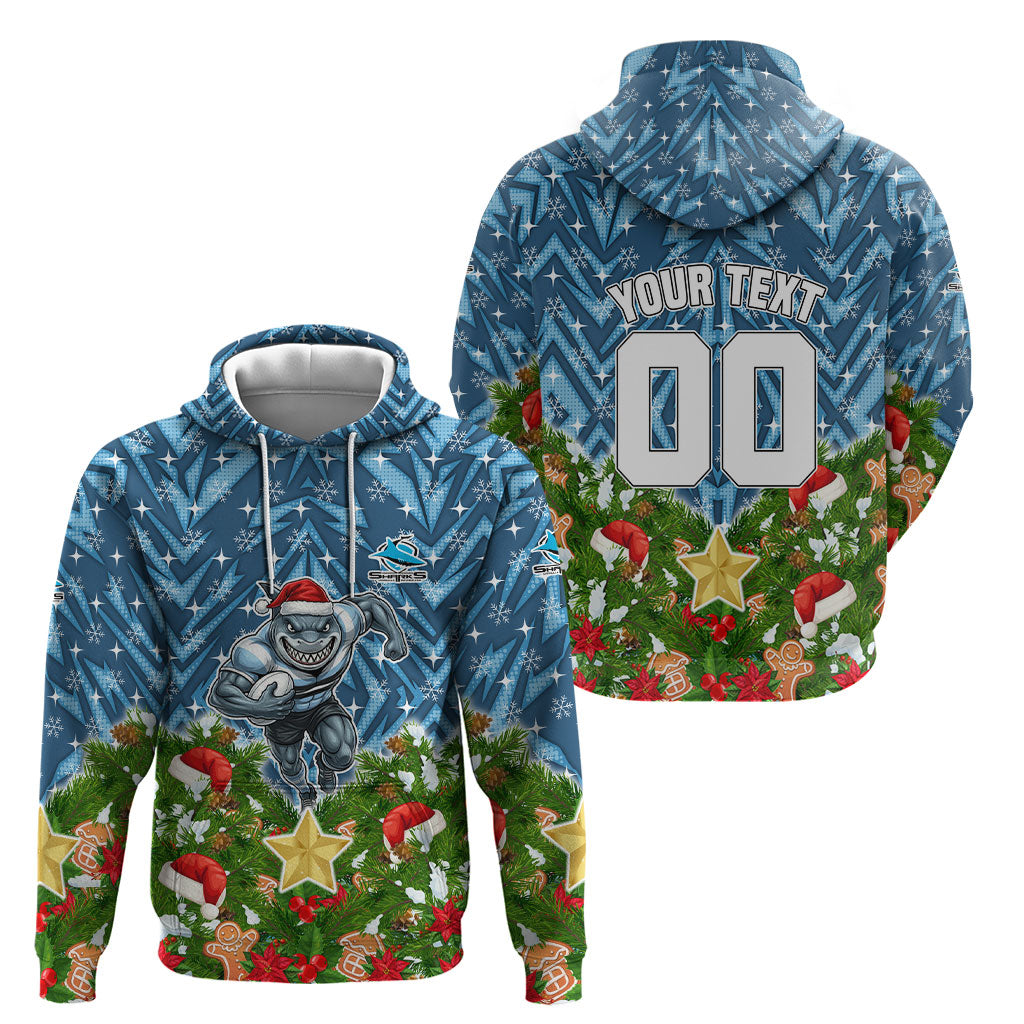 Personalised Sharks Rugby Christmas Hoodie Santa Rugby Mascot - Pine Wreath Festive