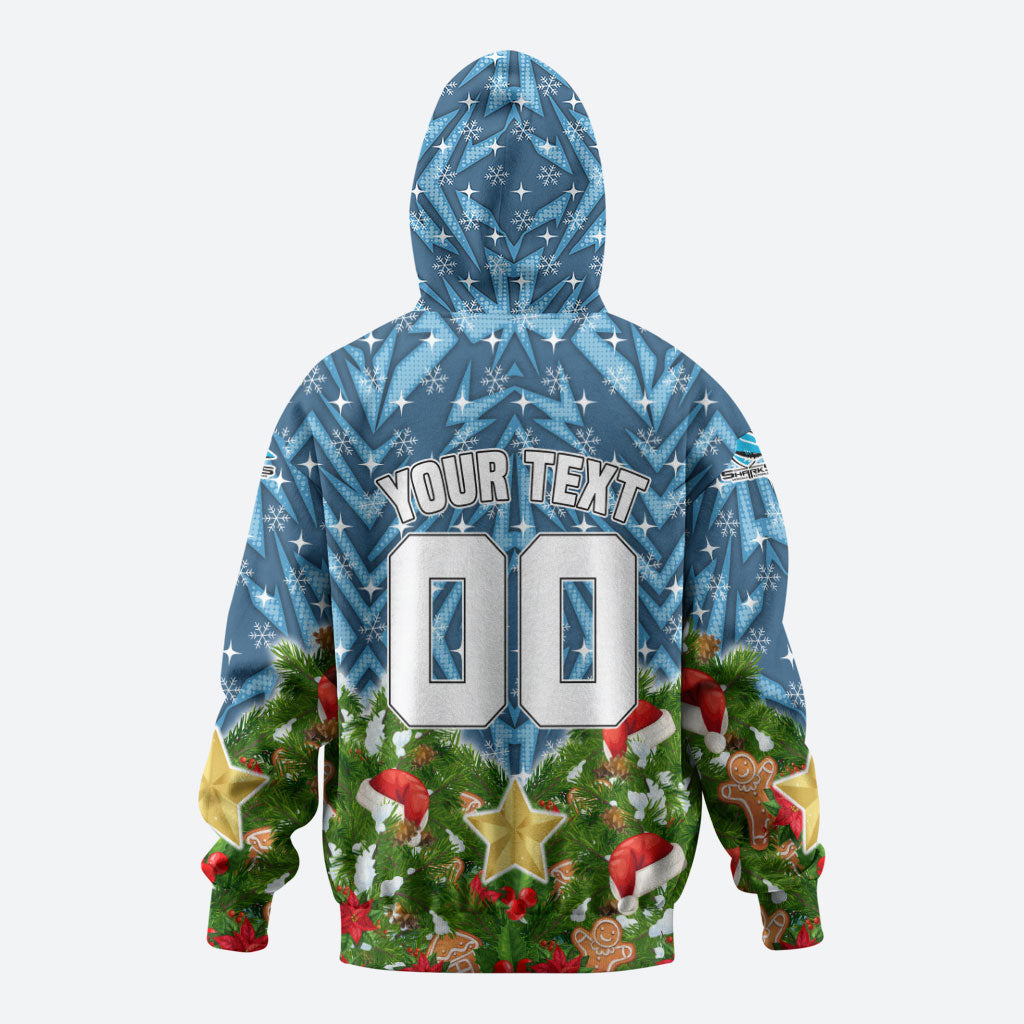 Personalised Sharks Rugby Christmas Hoodie Santa Rugby Mascot - Pine Wreath Festive