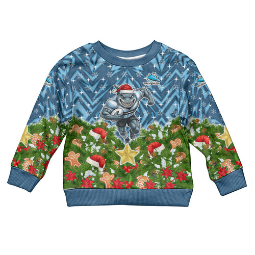 Personalised Sharks Rugby Christmas Kid Ugly Christmas Sweater Santa Rugby Mascot - Pine Wreath Festive