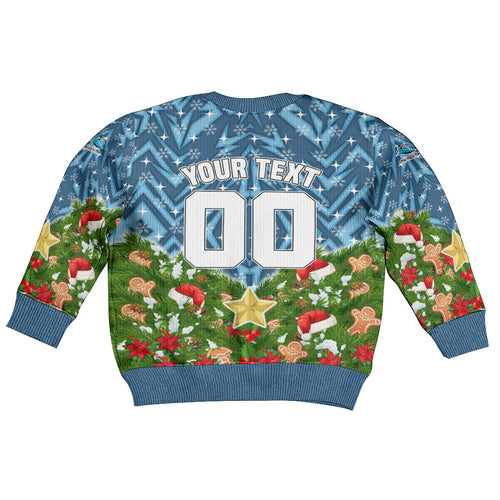 Personalised Sharks Rugby Christmas Kid Ugly Christmas Sweater Santa Rugby Mascot - Pine Wreath Festive
