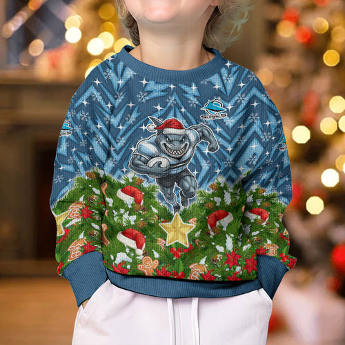 Personalised Sharks Rugby Christmas Kid Ugly Christmas Sweater Santa Rugby Mascot - Pine Wreath Festive