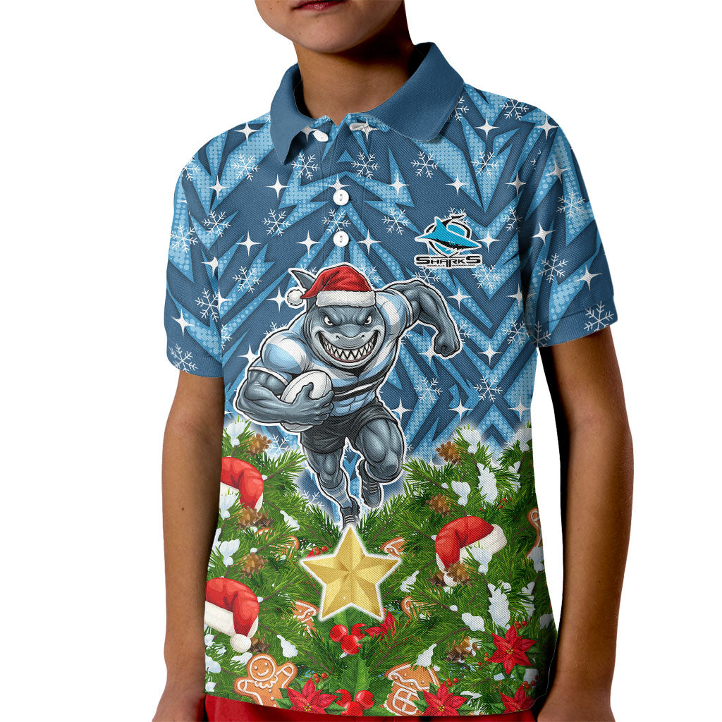 Personalised Sharks Rugby Christmas Kid Polo Shirt Santa Rugby Mascot - Pine Wreath Festive