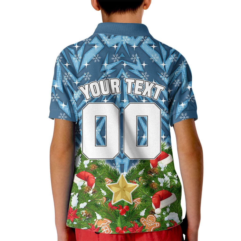 Personalised Sharks Rugby Christmas Kid Polo Shirt Santa Rugby Mascot - Pine Wreath Festive
