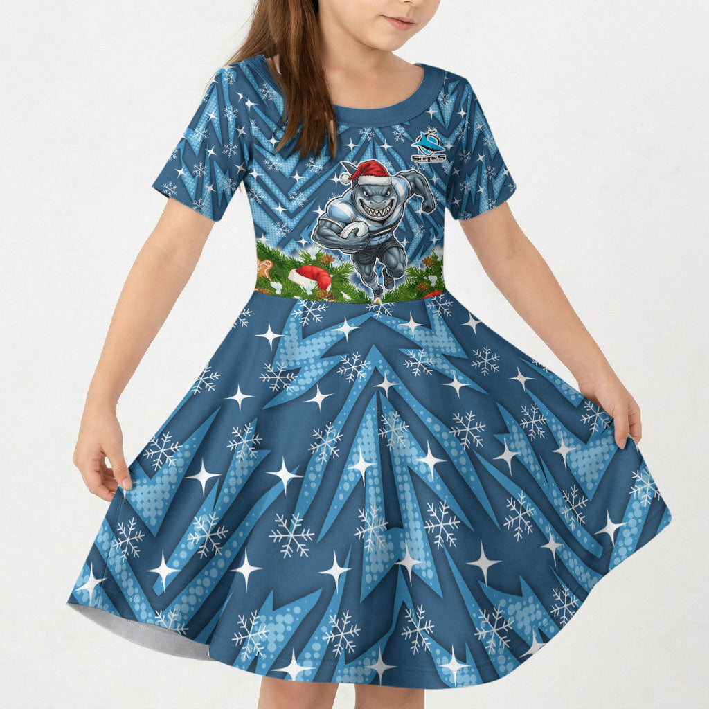 Personalised Sharks Rugby Christmas Kid Short Sleeve Dress Santa Rugby Mascot - Pine Wreath Festive