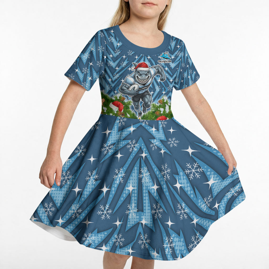 Personalised Sharks Rugby Christmas Kid Short Sleeve Dress Santa Rugby Mascot - Pine Wreath Festive