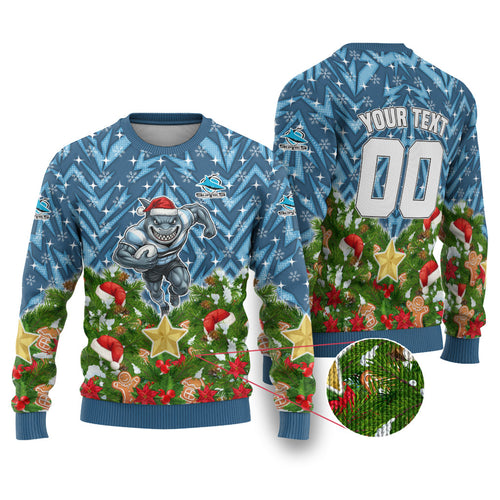 Personalised Sharks Rugby Christmas Ugly Christmas Sweater Santa Rugby Mascot - Pine Wreath Festive
