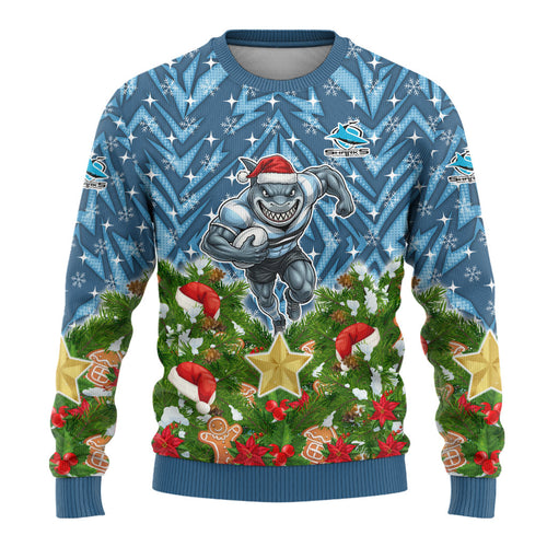 Personalised Sharks Rugby Christmas Ugly Christmas Sweater Santa Rugby Mascot - Pine Wreath Festive
