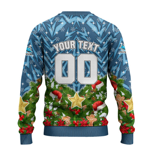 Personalised Sharks Rugby Christmas Ugly Christmas Sweater Santa Rugby Mascot - Pine Wreath Festive