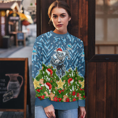 Personalised Sharks Rugby Christmas Ugly Christmas Sweater Santa Rugby Mascot - Pine Wreath Festive