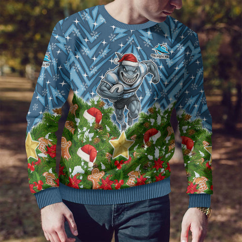 Personalised Sharks Rugby Christmas Ugly Christmas Sweater Santa Rugby Mascot - Pine Wreath Festive