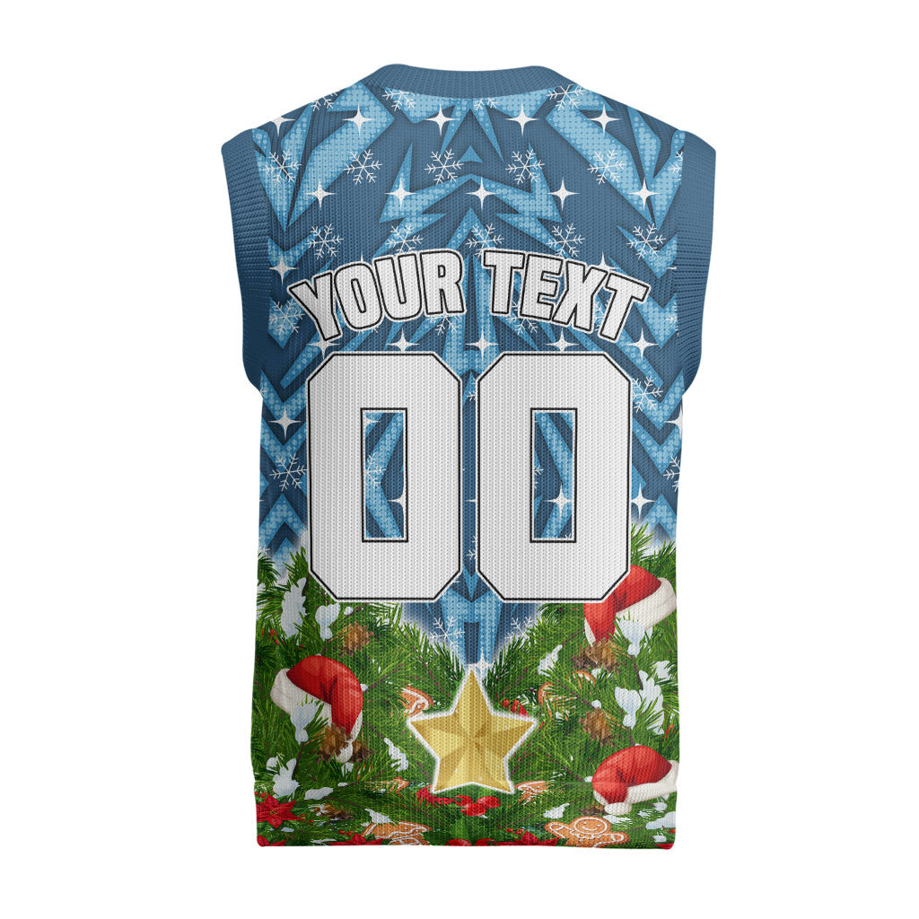 Personalised Sharks Rugby Christmas Knitted V-Neck Vest Santa Rugby Mascot - Pine Wreath Festive