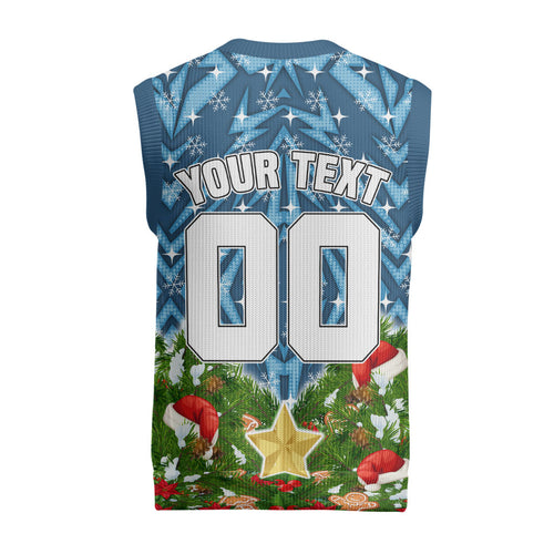 Personalised Sharks Rugby Christmas Knitted V-Neck Vest Santa Rugby Mascot - Pine Wreath Festive