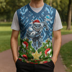 Personalised Sharks Rugby Christmas Knitted V-Neck Vest Santa Rugby Mascot - Pine Wreath Festive