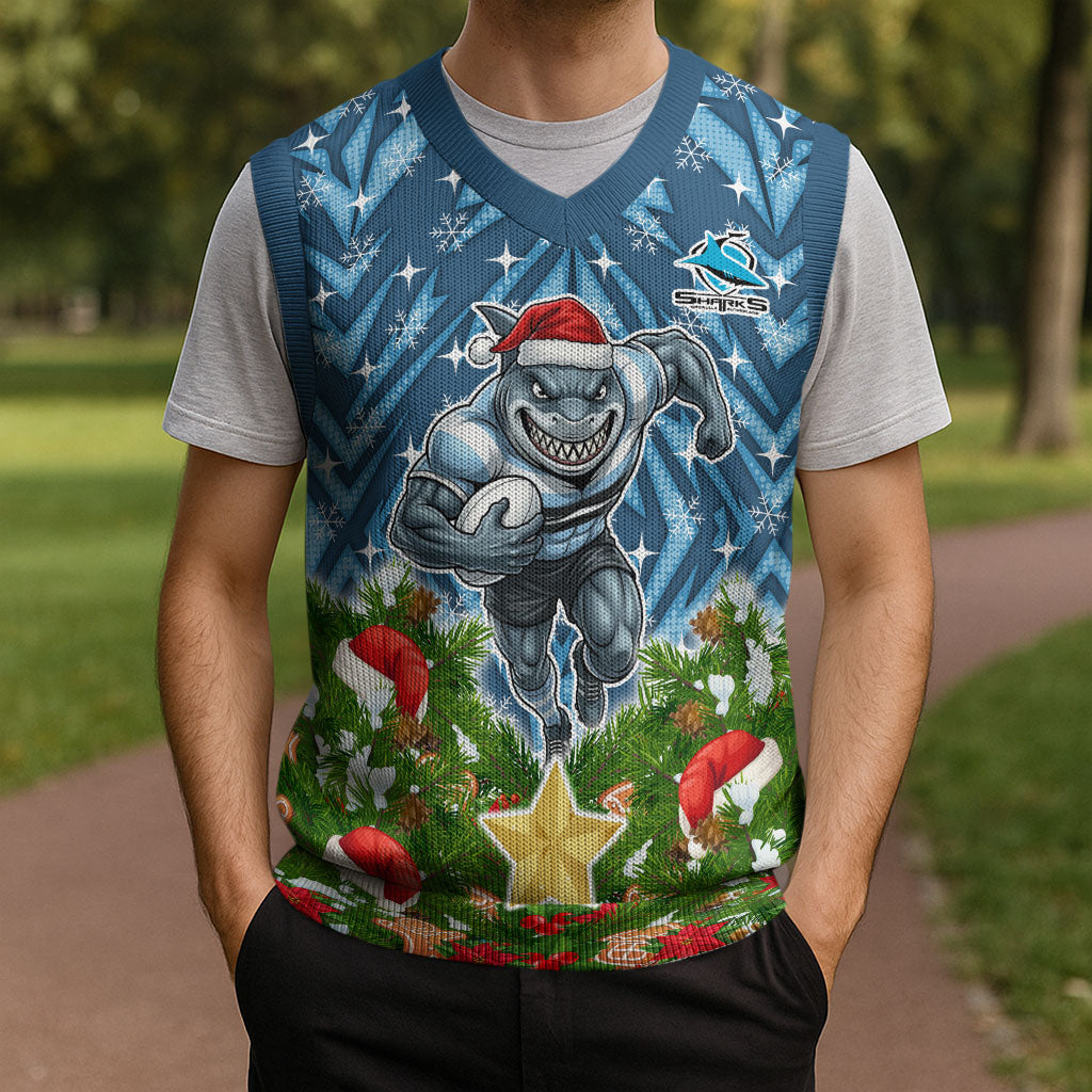 Personalised Sharks Rugby Christmas Knitted V-Neck Vest Santa Rugby Mascot - Pine Wreath Festive
