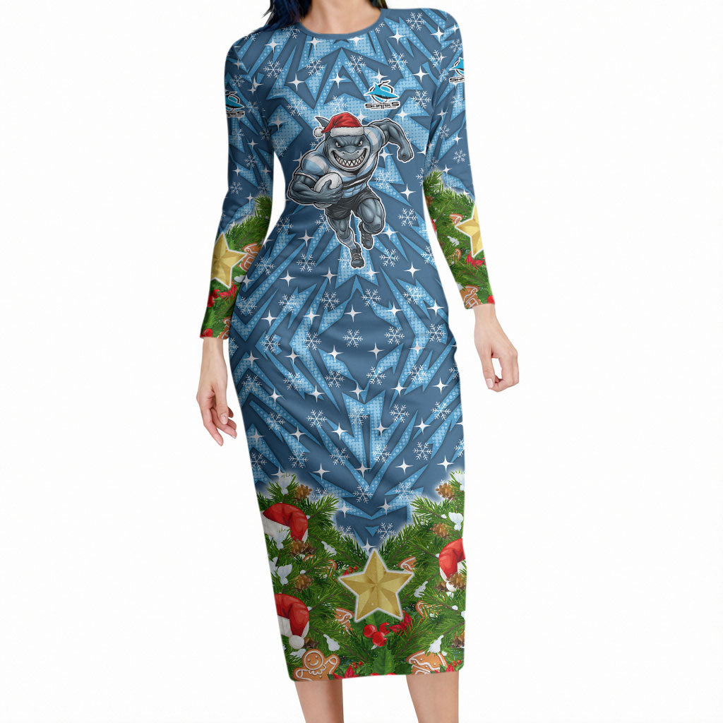 Personalised Sharks Rugby Christmas Long Sleeve Bodycon Dress Santa Rugby Mascot - Pine Wreath Festive