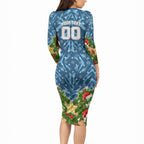 Personalised Sharks Rugby Christmas Long Sleeve Bodycon Dress Santa Rugby Mascot - Pine Wreath Festive