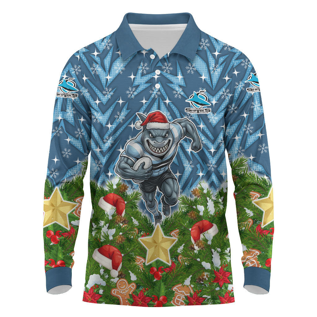 Personalised Sharks Rugby Christmas Long Sleeve Polo Shirt Santa Rugby Mascot - Pine Wreath Festive