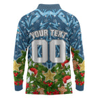 Personalised Sharks Rugby Christmas Long Sleeve Polo Shirt Santa Rugby Mascot - Pine Wreath Festive