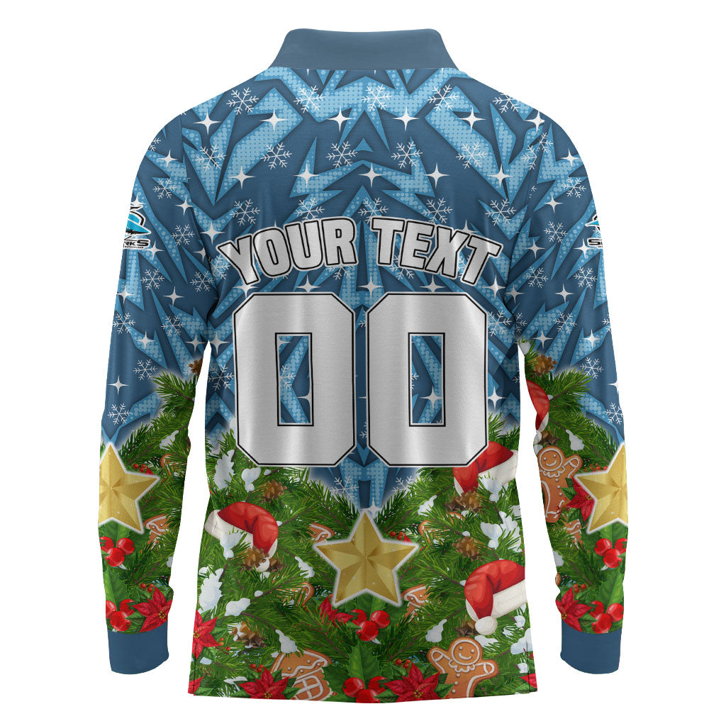 Personalised Sharks Rugby Christmas Long Sleeve Polo Shirt Santa Rugby Mascot - Pine Wreath Festive