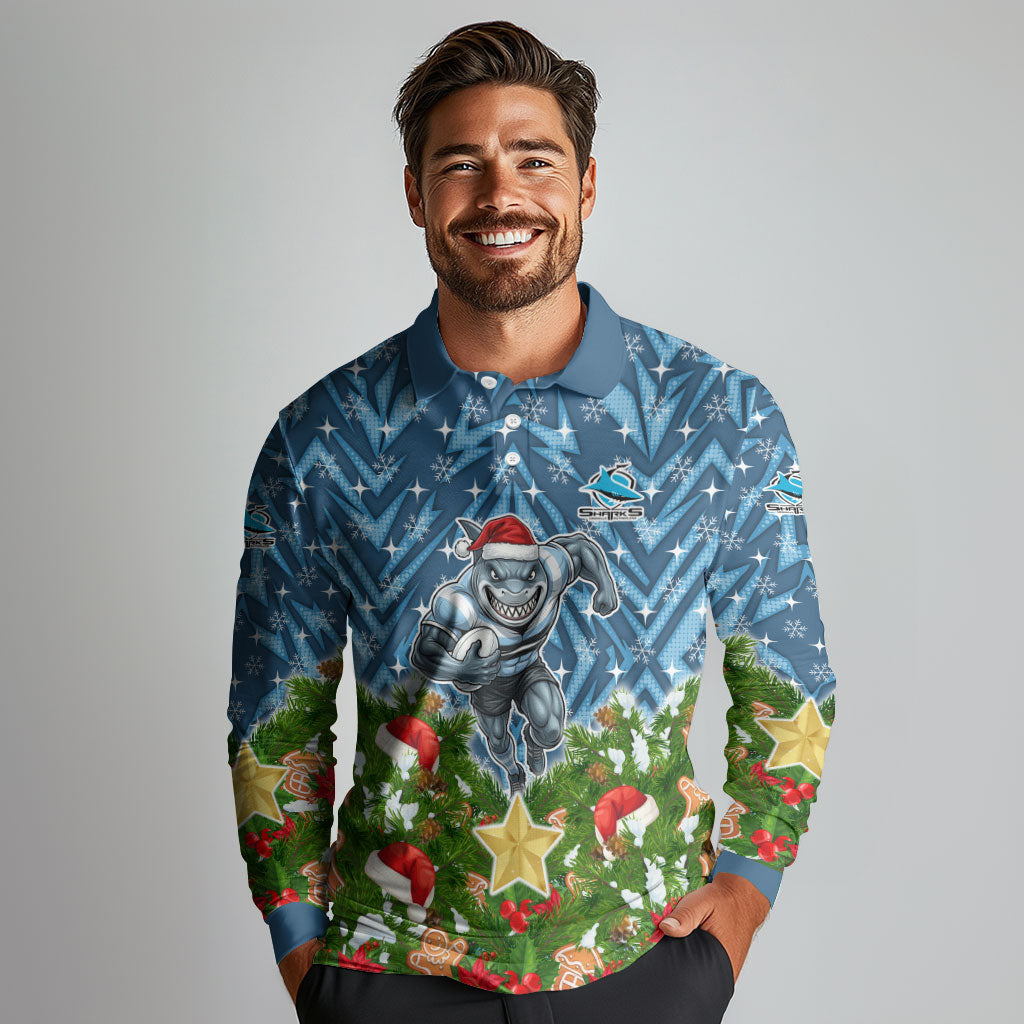 Personalised Sharks Rugby Christmas Long Sleeve Polo Shirt Santa Rugby Mascot - Pine Wreath Festive