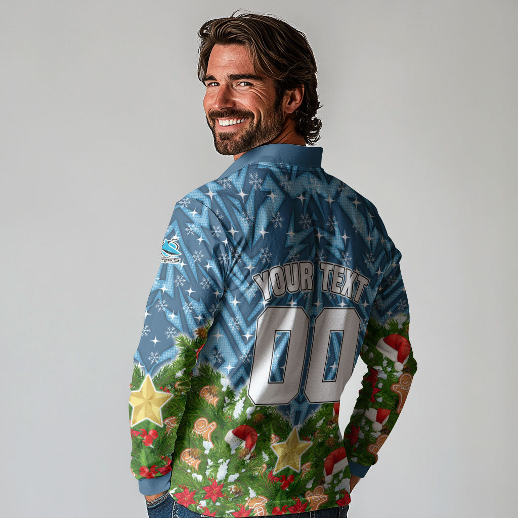 Personalised Sharks Rugby Christmas Long Sleeve Polo Shirt Santa Rugby Mascot - Pine Wreath Festive
