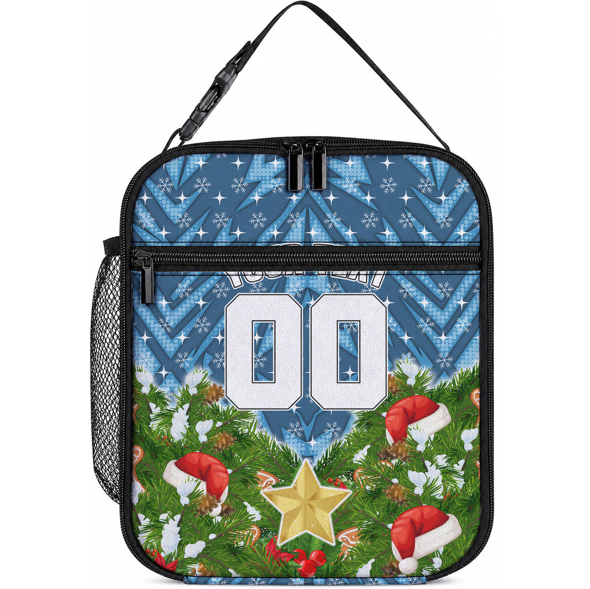 Personalised Sharks Rugby Christmas Lunch Bag Santa Rugby Mascot - Pine Wreath Festive