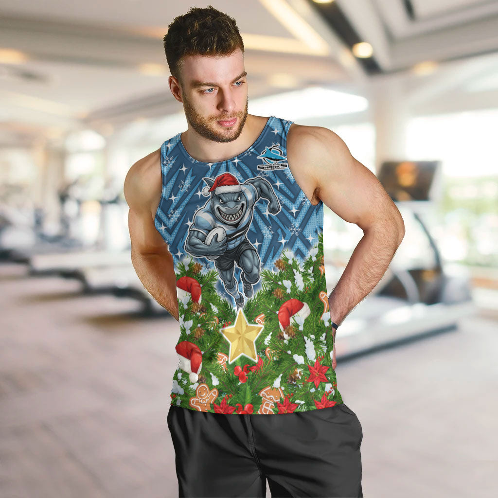 Personalised Sharks Rugby Christmas Men Tank Top Santa Rugby Mascot - Pine Wreath Festive