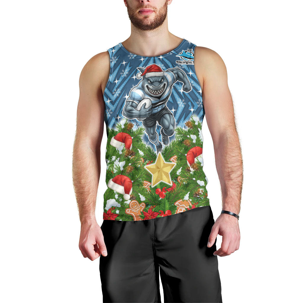Personalised Sharks Rugby Christmas Men Tank Top Santa Rugby Mascot - Pine Wreath Festive
